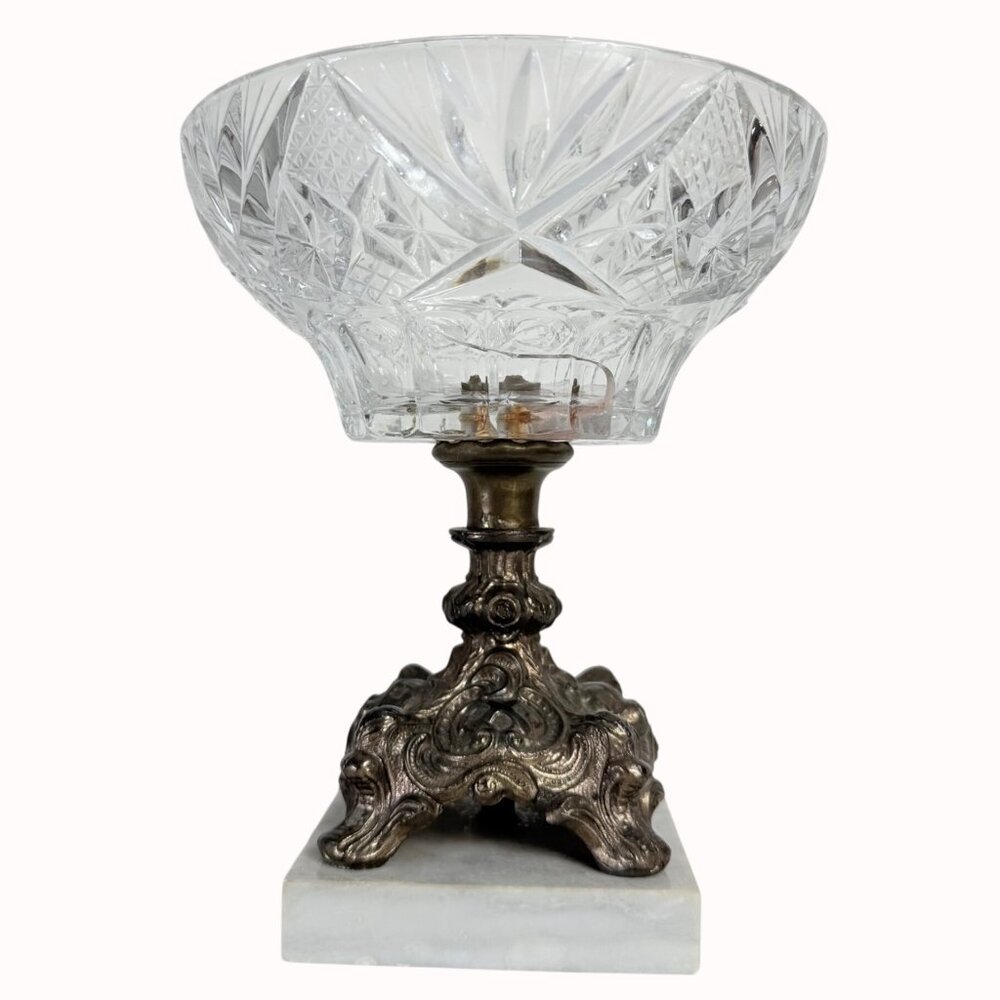Crystal Decorative Bowl Starburst Ornate Brass Pedestal Base Marble Stand VTG 70